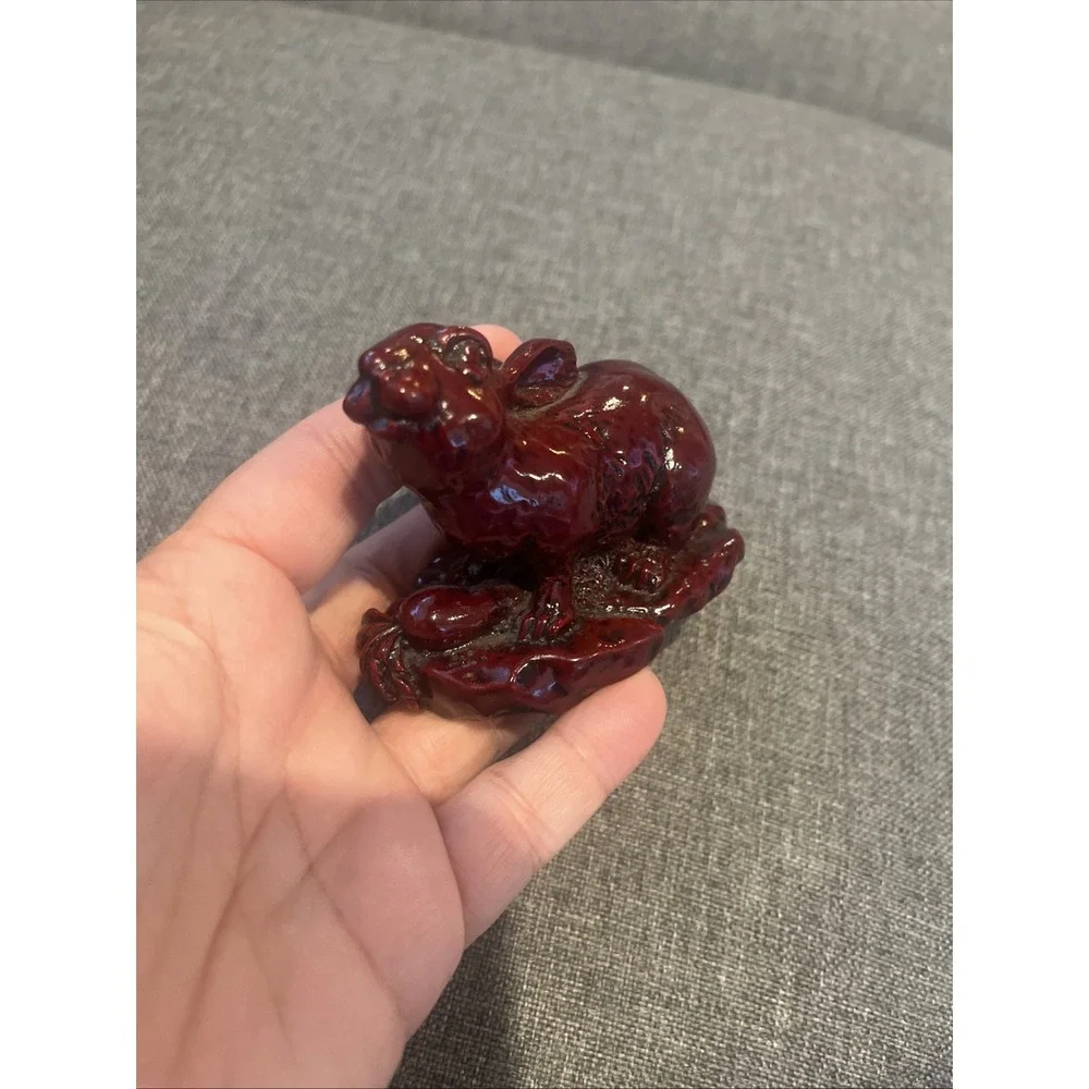 Vintage Carved Resin Red Brown Hare Rabbit And Carrot Statue Small